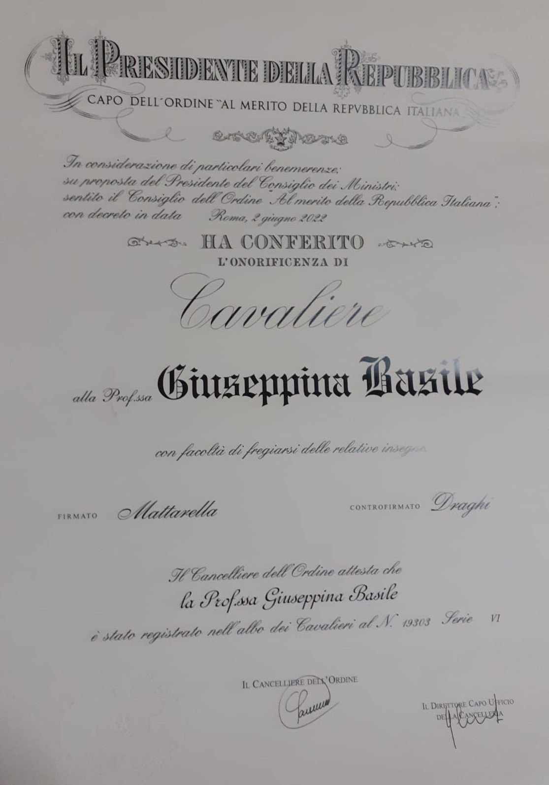 Onorificenza di Cavaliere Prof.ssa Giuseppina Basile