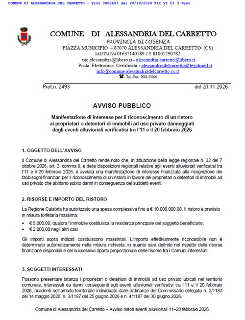 Manifestazione di interesse per il riconoscimento di un ristoro ai proprietari o detentori di immobili ad uso privato danneggiati dagli eventi alluvionali verificatisi tra l11 e il 20 febbraio 2026.